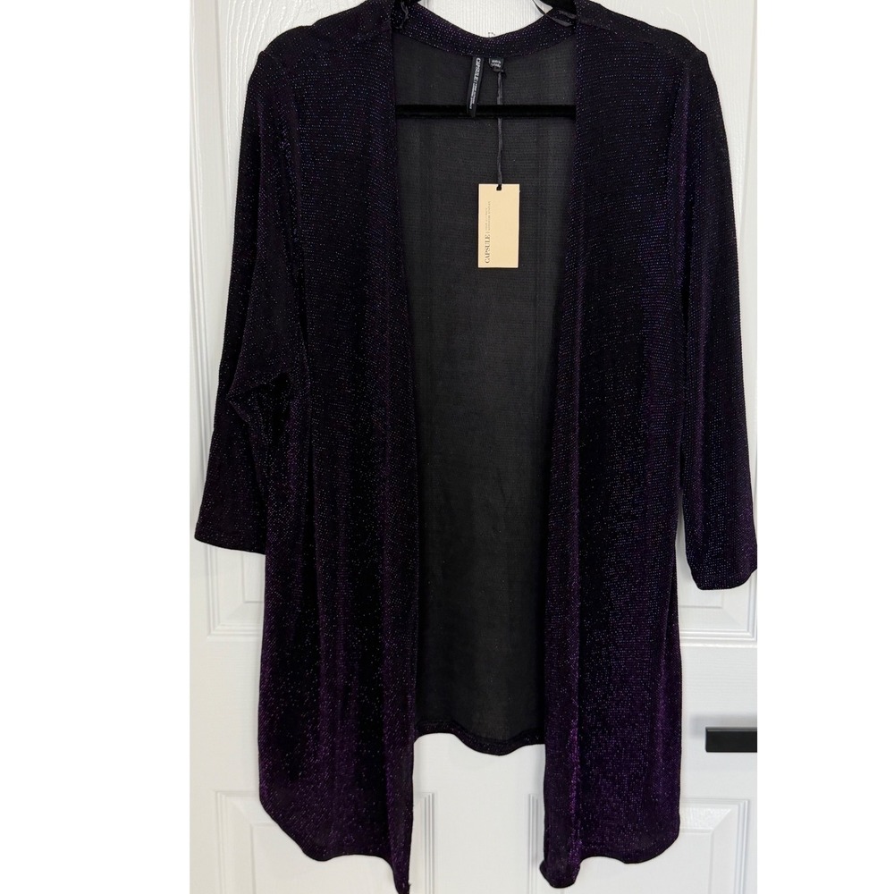 Capsule Women Purple Metallic Shimmer Open Front Cardigan 3/4 Sleeve Size 12 NEW